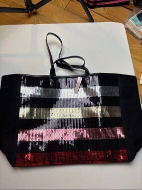 Victoria's Secret striped sequin embellished carryall tote